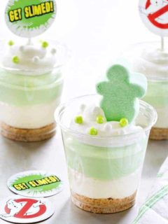 Slimer Cheesecake Parfaits are layered with vanilla wafers, marshmallow cheesecake filling and pistachio pudding. They're sure to be a huge hit for the Ghostbusters™ lover in your life!