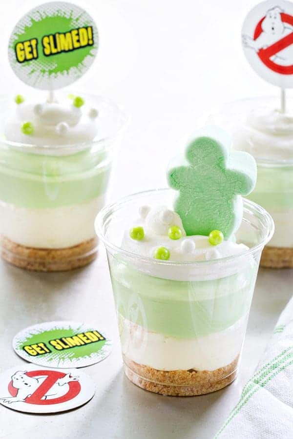 Slimer Cheesecake Parfaits are layered with vanilla wafers, marshmallow cheesecake filling and pistachio pudding. They're sure to be a huge hit for the Ghostbusters™ lover in your life!