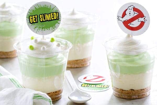 Slimer Cheesecake Parfaits are simple, delicious, and so perfect for the kiddos! The cute printable tags make them extra special!