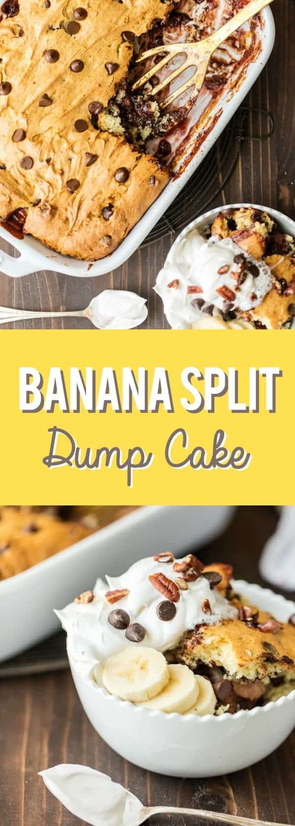 Banana Split Dump Cake couldn't be easier, or more delicious. This cake uses only 6 simple ingredients and comes together in minutes!