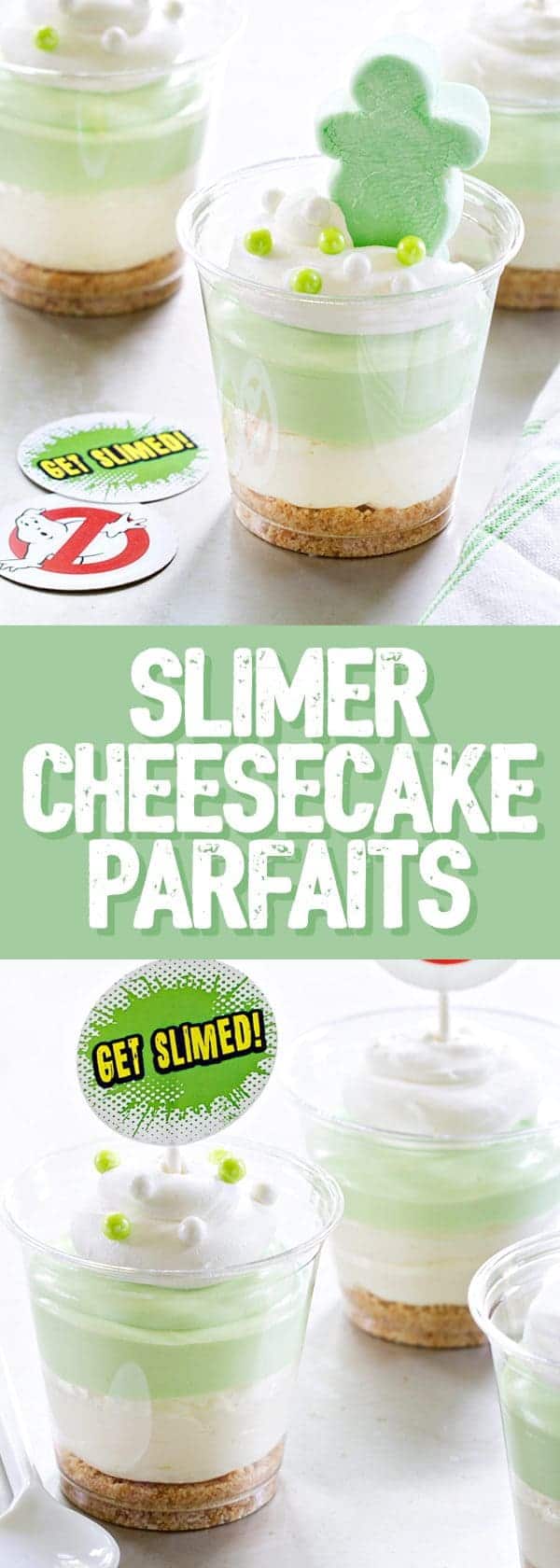 Slimer Cheesecake Parfaits are layered with vanilla cookies, marshmallow cheesecake filling and pistachio pudding. They're sure to be a hit for the Ghostbusters™ lover in your life!