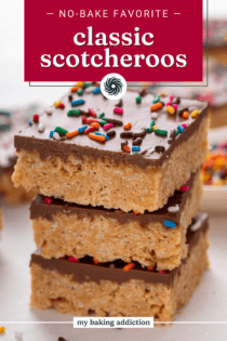 Three scotcheroo bars stacked on a countertop. Text overlay includes recipe name.