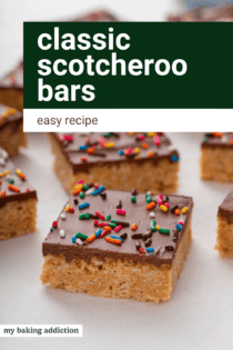 Side view of a sprinkle-topped scotcheroo bar on a countertop with more bars in the background. Text overlay includes recipe name.