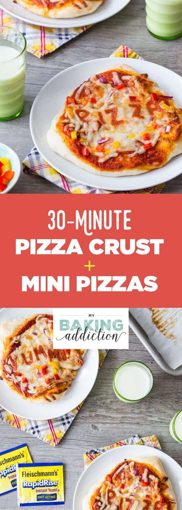 30 Minute Pizza Crust is quick and simple because there is no need for rising time. Divide the dough into mini crusts so everyone can create their own mini pizza!