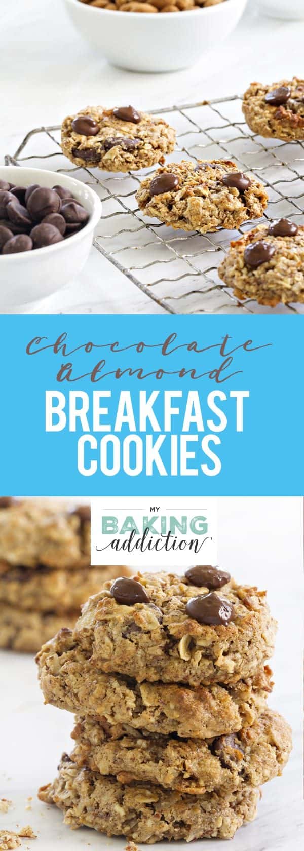 Chocolate Almond Breakfast Cookies are loaded with dark chocolate chips, almonds and coconut.  So good!