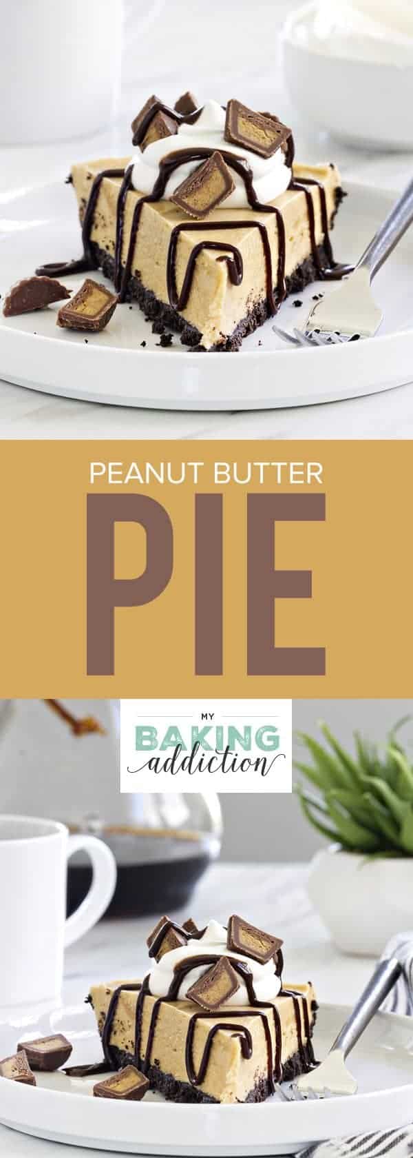 Peanut Butter Pie is made with a chocolate cookie crust and smooth, creamy peanut butter filling. So easy and so delicious! Your guests will be begging you for this recipe!