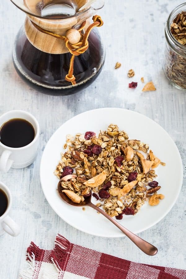 Apple Cinnamon Granola is brimming with the delicious flavors of the fall season. Serve it up parfait-style with yogurt and fresh apples for the perfect fall breakfast.
