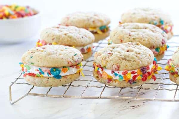 Fruity Pebbles Whoppie Pies are fun to make and eat! The marshmallow buttercream is AMAZING. 