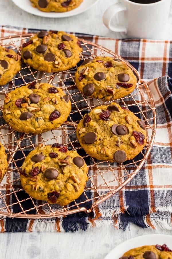 Pumpkin Dark Chocolate Cranberry Cookies would be a perfect treat with a cup of coffee. Savor the season!