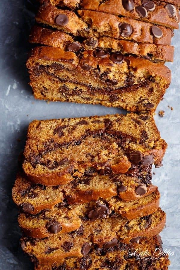 Nutella Chocolate Chip Pumpkin Bread is filled with fall flavours and melt in your mouth chocolate chips! So perfect for fall!
