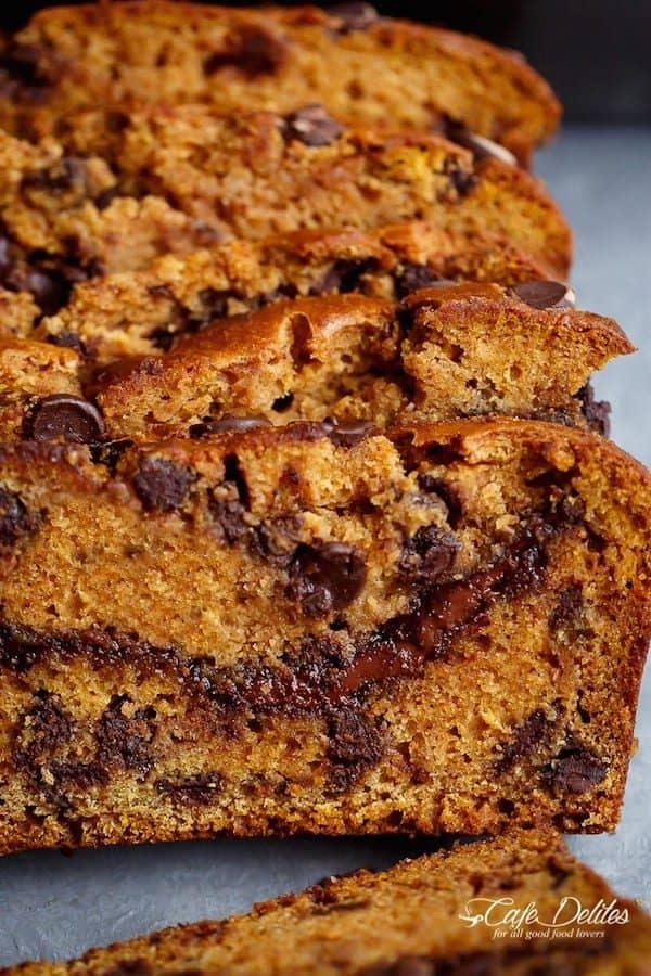 Nutella Chocolate Chip Pumpkin Bread is filled with fall flavors and delicious chocolate chips. The Nutella swirl makes it AMAZING!