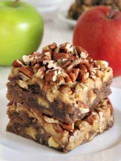 Caramel apple blondies with an easy caramel frosting and topped with pecans for a delicious fall treat. With a gluten-free option.