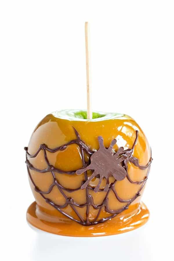 Caramel Apples are a sweet treat everyone loves this time of year. A chocolate web and spider make them perfect for Halloween!