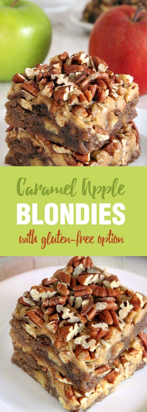 Caramel apple blondies topped with an easy caramel frosting are the perfect fall treat. Recipe contains a gluten-free option.