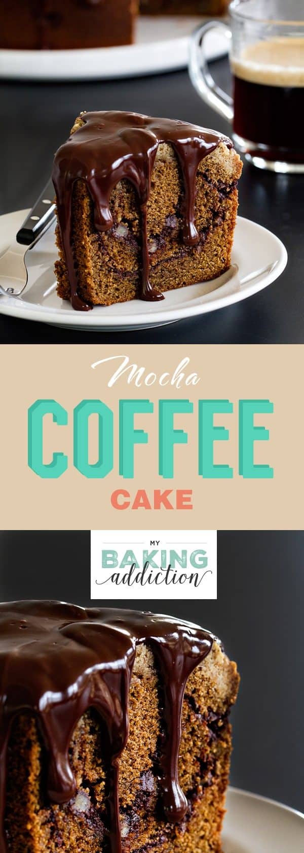 Mocha Coffee Cake is swirled with chocolate and topped with an espresso crumb topping. The Kahlua ganache makes it absolutely amazing.
