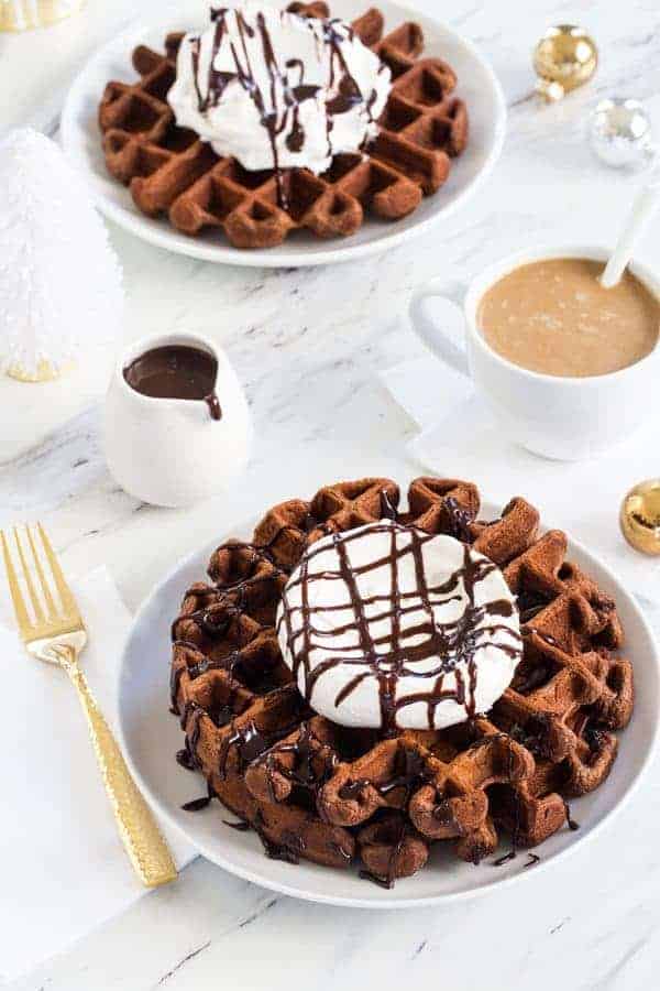 Chocolate Eggnog Waffles are a warm and cozy way to welcome the holiday season. Don't forget the whipped cream and chocolate drizzle!