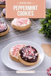 Cream cheese frosted peppermint cookie and ganache topped peppermint cookie, both decorated with chopped candy canes, on a white plate with more cookies in the background. Text overlay includes recipe name.