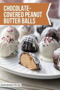 A halved chocolate-covered peanut butter ball on a white plate, surrounded by more chocolate-covered peanut butter balls. Text overlay includes recipe name.