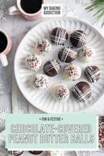 Overhead view of white plates filled with chocolate-covered peanut butter balls next to mugs of coffee. Text overlay includes recipe name.