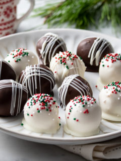 Chocolate-covered peanut butter balls topped with red and green sprinkles on a white plate.