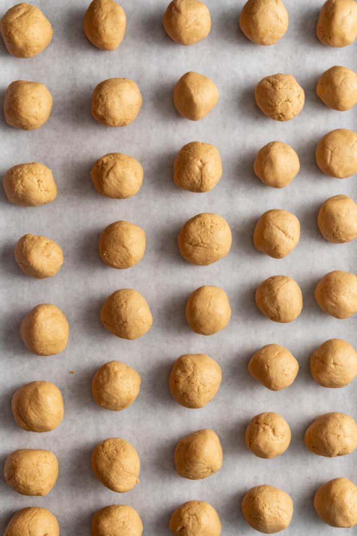 Rolled centers for chocolate-covered peanut butter balls on a piece of parchment paper.
