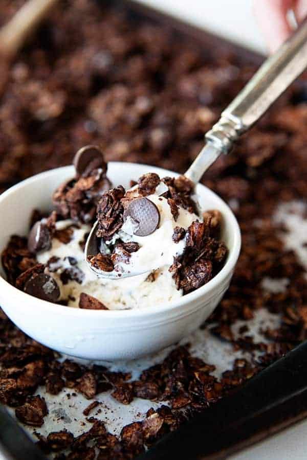 Salted Dark Chocolate Granola couldn't be easier, or more delicious. Use it to top ice cream, yogurt, or just snack on it straight from the container. 