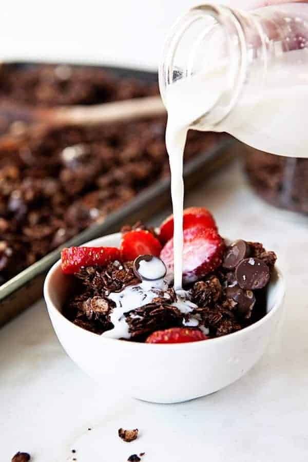 Salted Dark Chocolate Granola is perfect for breakfast when paired with fresh fruit and a little milk. Totally delicious!