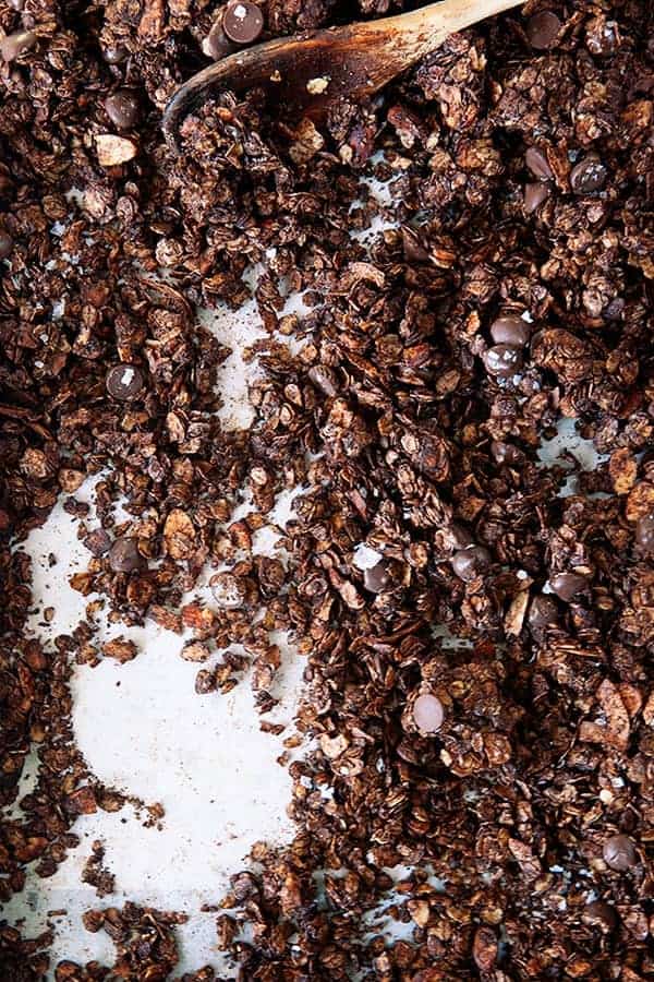 Salted Dark Chocolate Granola is a deliciously crunchy topping for yogurt, ice cream and just a mid-morning snack!