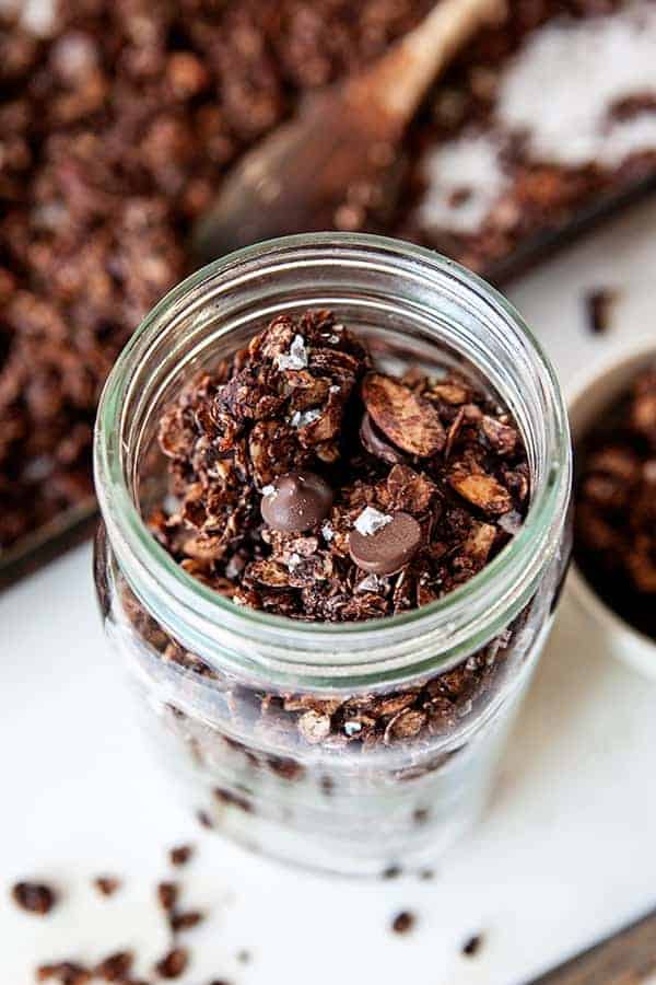 Salted Dark Chocolate Granola is a deliciously crunchy ice cream topping, a rich addition to your morning yogurt, or just a good chocolate snack for your afternoon pick-me-up. 