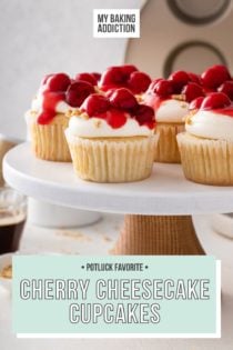 Cherry cheesecake cupcakes on a white cake stand. Text overlay includes recipe name.