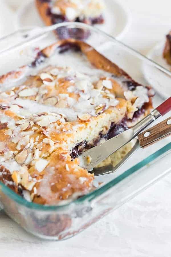 Cherry fritter cake is packed full of summer flavor. Easy and delicious!