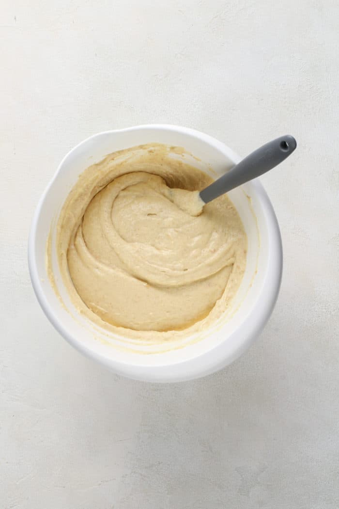 Graham cracker cupcake batter in a white mixing bowl.