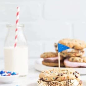 Chocolate Chip Cookie S'mores are loaded with dark chocolate chips and festive sprinkles and then topped with roasted marshmallows and more chocolate. Totally delicious!