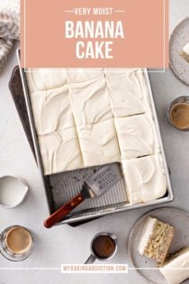 Sliced banana cake in a cake pan. Text overlay includes recipe name.