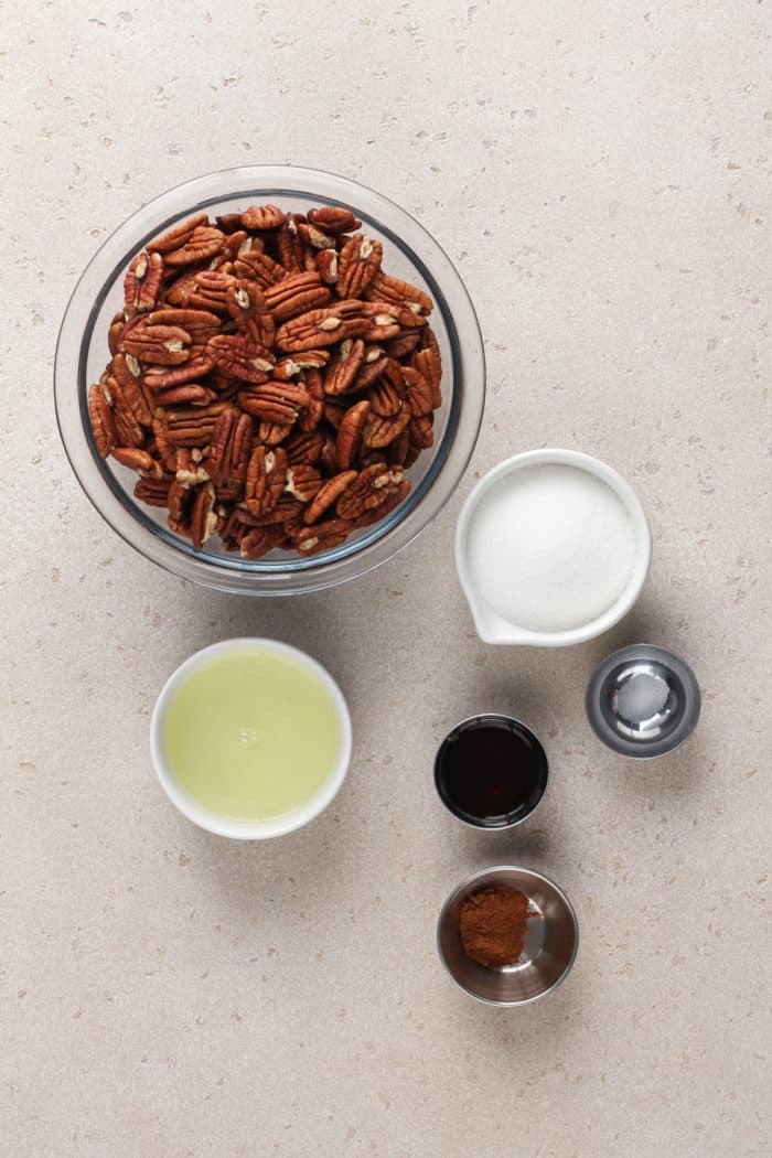 Candied pecan ingredients arranged on a countertop.