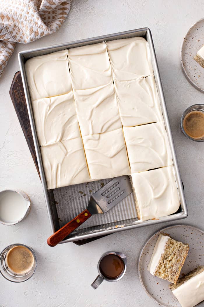 Sliced banana cake in a cake pan.