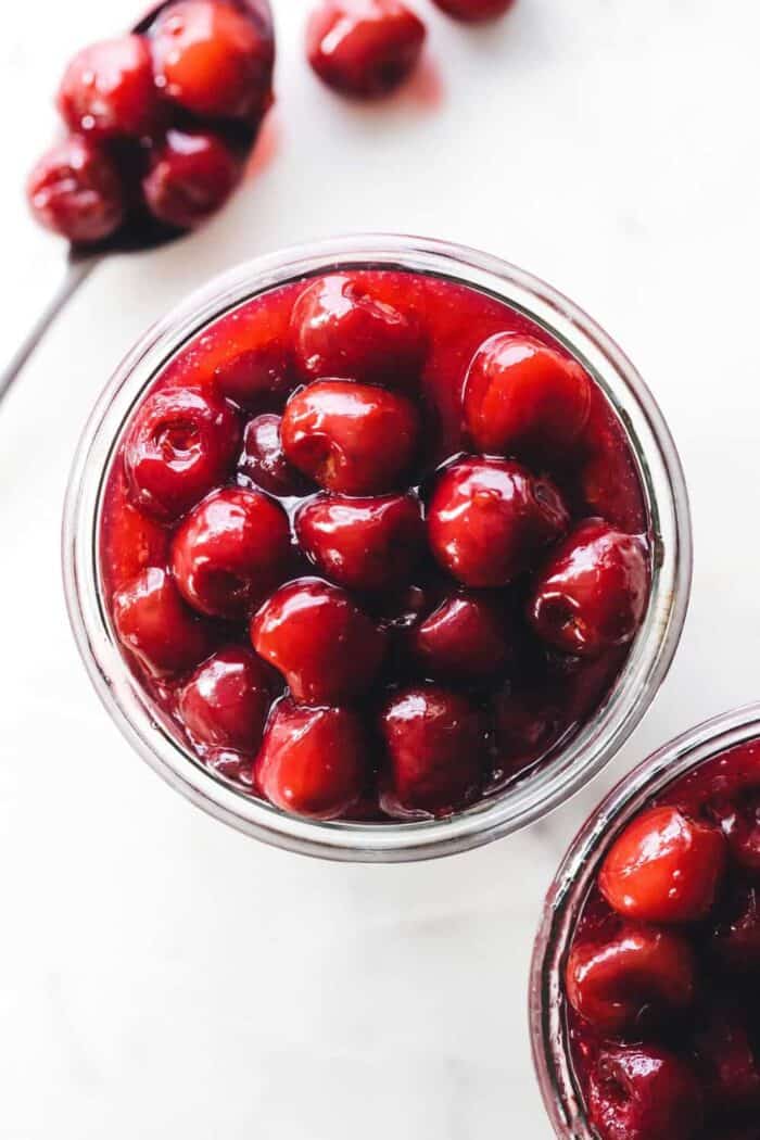 Homemade cherry pie filling in a glass bowl