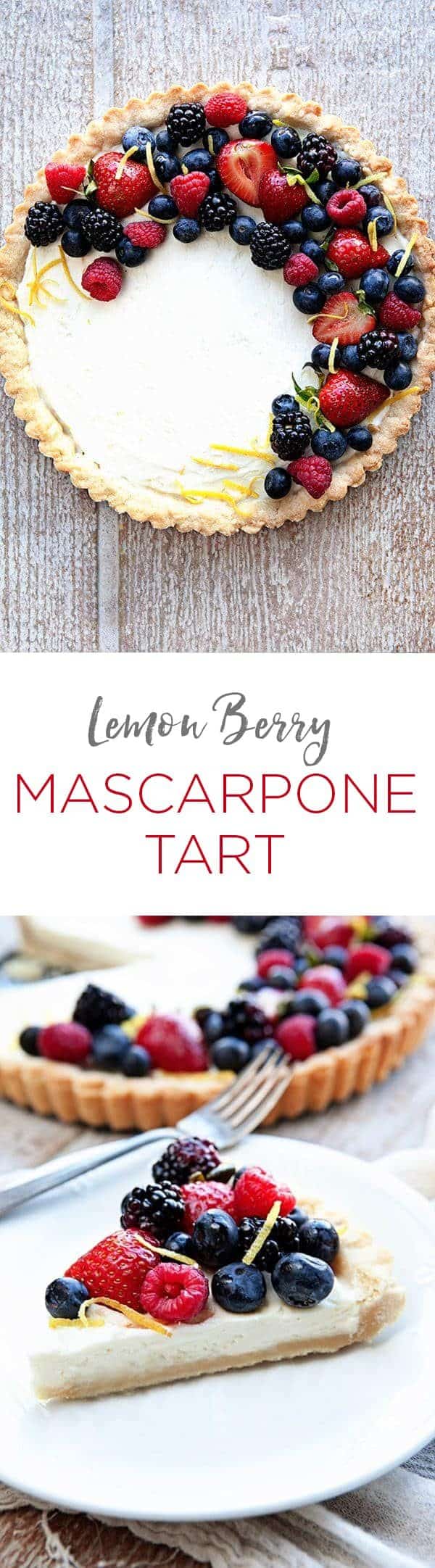 A Lemon Berry Mascarpone Tart is a simple, delicious way to show off all the season's best berries. A creamy mascarpone filling, a hint of fresh lemon, and four kinds of berries, all on top of a delicious shortbread crust!