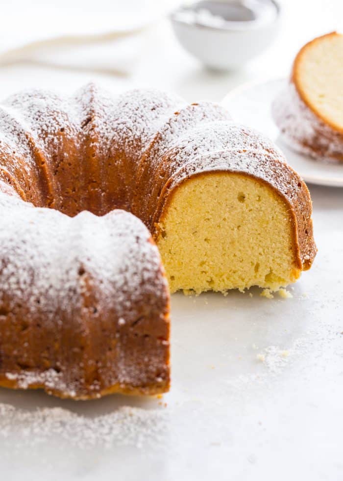 Cream cheese pound cake with several slices removed