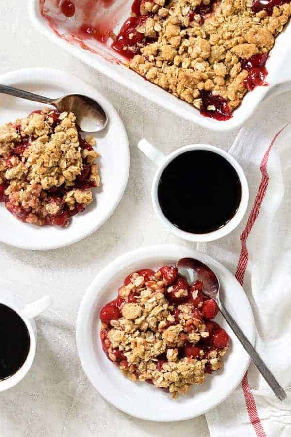 Cherry Crisp is simple, quick, and delicious. Top it with a scoop of vanilla ice cream for the ultimate weeknight dessert.