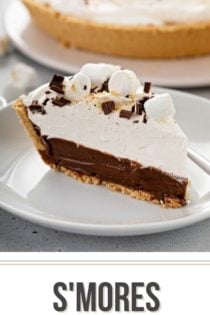 Close up of a slice of s'mores pie on a white plate. text overlay is added for pinterest.