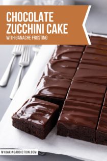 Sliced chocolate zucchini cake on a piece of parchment paper. Text overlay includes recipe name.