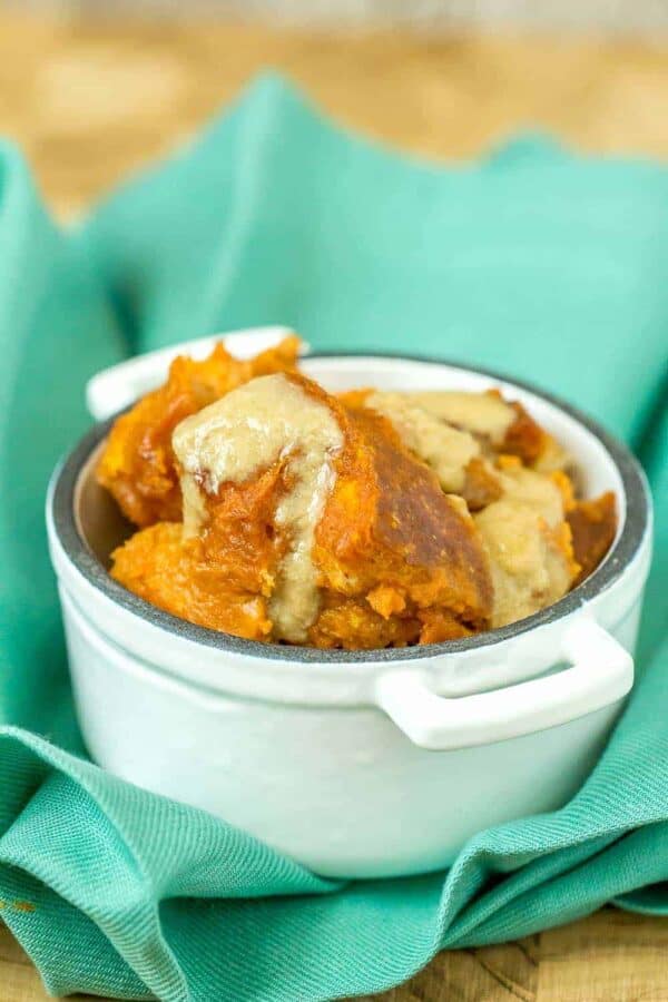 Pumpkin bread pudding is a great fall dessert. Leftover bread combines with a pumpkin custard for a delicious fall dessert.