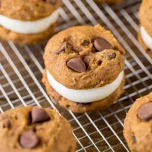 Pumpkin Whoopie Pies are made with fluffy pumpkin chocolate chip cookies and a delicious cream cheese filling to create the perfect dessert for fall.