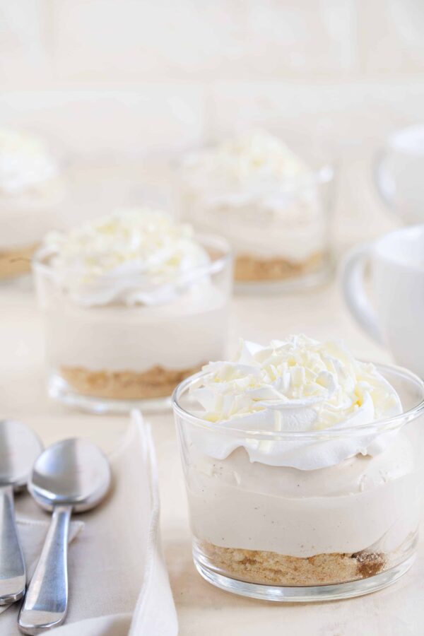 These White Chocolate Tiramisu Pudding Cups come together in minutes and are super delish! Perfect for parties, or a quick weeknight dessert!
