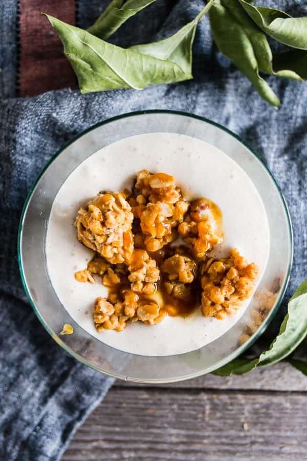 This caramel apple crisp milkshake is the perfect combination of ice cream and fall dessert flavor.  Simple and delicious!