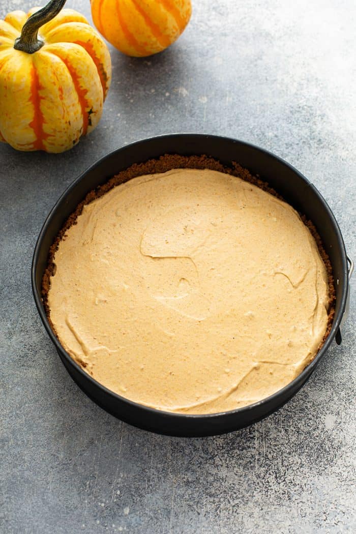 Marshmallow pumpkin pie filling in a springform pan