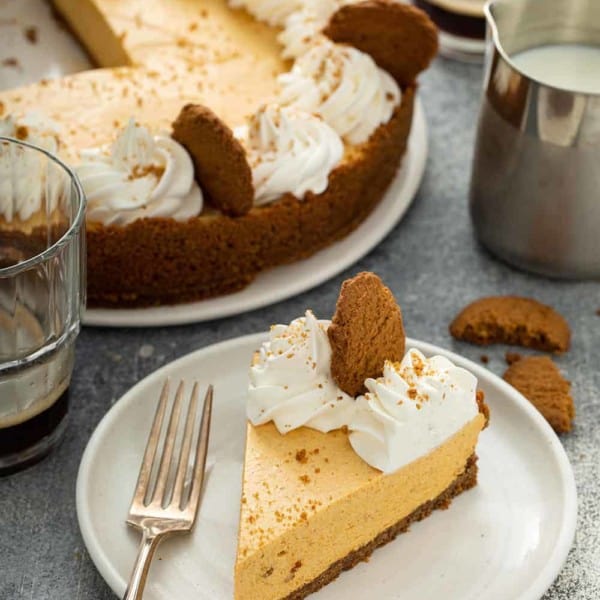 Slice of marshmallow pumpkin pie on a white plate