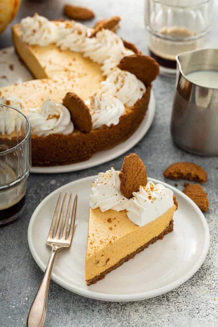 Slice of marshmallow pumpkin pie on a white plate