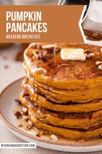 Maple syrup being poured over a stack of pumpkin pancakes on a plate. Text overlay includes recipe name.